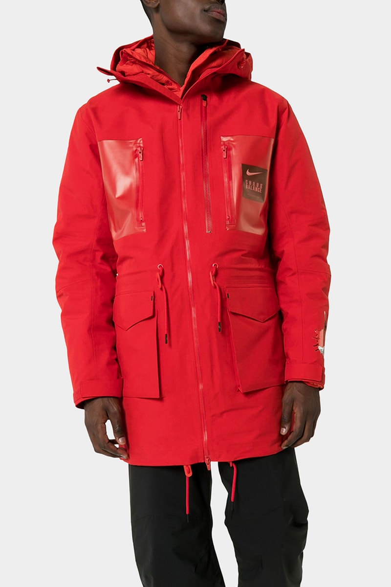UNDERCOVER x Nike Red Fishtail Logo Print Parka Down Filled Jun Takahashi "Chaos Balance" Swoosh Bright Red Water Resistant Fall Winter 2019 FW19 Outerwear Coats 