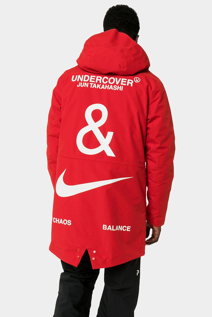 UNDERCOVER x Nike Red Fishtail Logo Print Parka Down Filled Jun Takahashi "Chaos Balance" Swoosh Bright Red Water Resistant Fall Winter 2019 FW19 Outerwear Coats 