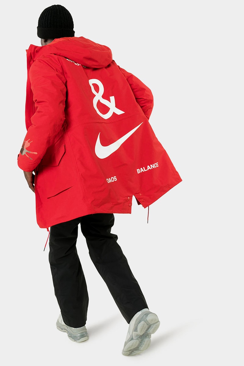 UNDERCOVER x Nike Red Fishtail Logo Print Parka Down Filled Jun Takahashi "Chaos Balance" Swoosh Bright Red Water Resistant Fall Winter 2019 FW19 Outerwear Coats 
