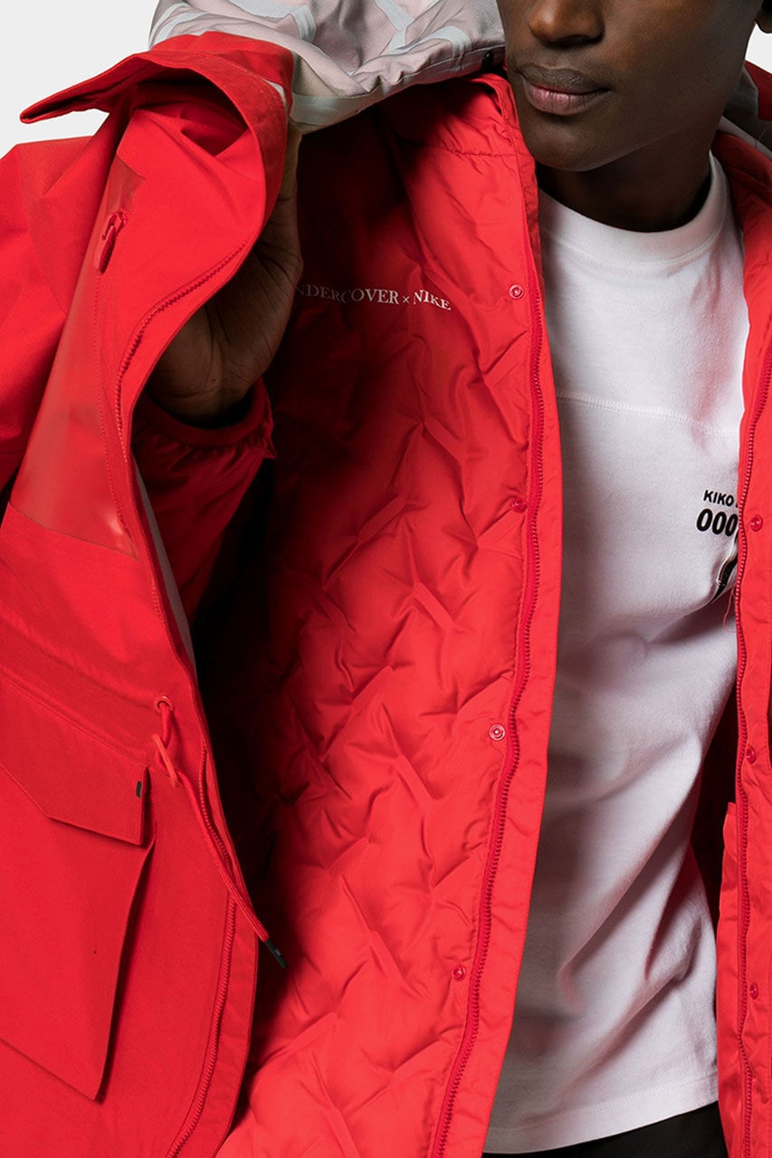 UNDERCOVER x Nike Red Fishtail Logo Print Parka Down Filled Jun Takahashi "Chaos Balance" Swoosh Bright Red Water Resistant Fall Winter 2019 FW19 Outerwear Coats 