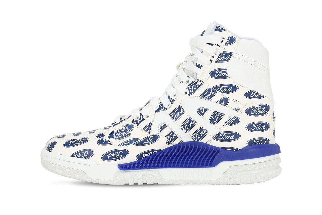 Versace Ford Print High Top Sneakers Leather White Blue Fall/Winter 2019