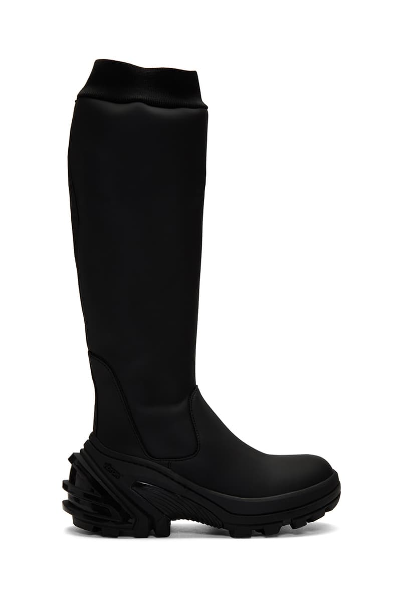 1017 ALYX 9SM Black Fixed Sole Knee Boots 192776M223001 Matthew M. Williams Release Information Wellington Style Fall Winter 2019 Tactical Footwear Rubberized Vibram Outsole