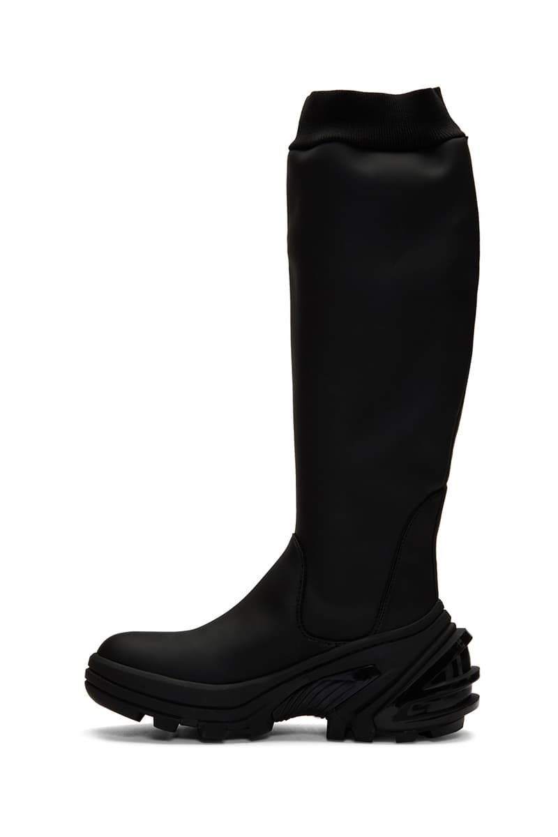 1017 ALYX 9SM Black Fixed Sole Knee Boots 192776M223001 Matthew M. Williams Release Information Wellington Style Fall Winter 2019 Tactical Footwear Rubberized Vibram Outsole