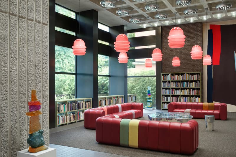 acne studios floragatan 13 headquarters building office stockholm sweden former czechoslovakian embassy jonny johansson creative director interior designer max lamb artist daniel silver abstract collages benoit lalloz light fixtures
