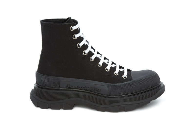 alexander mcqueen spring summer 2020 tread slick sneaker boots release ss20 black white red blue colorway canvas upper rubber sole 