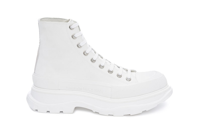 alexander mcqueen spring summer 2020 tread slick sneaker boots release ss20 black white red blue colorway canvas upper rubber sole 