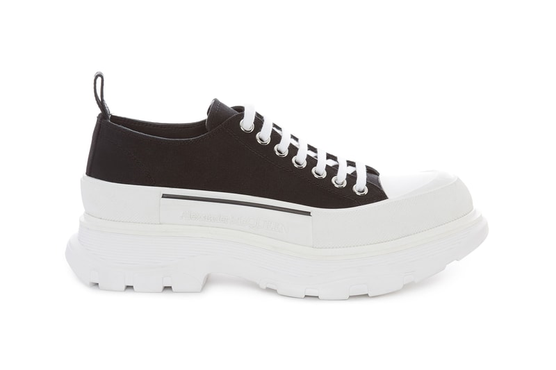alexander mcqueen spring summer 2020 tread slick sneaker boots release ss20 black white red blue colorway canvas upper rubber sole 