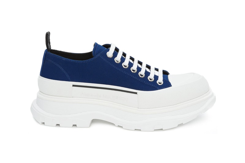 alexander mcqueen spring summer 2020 tread slick sneaker boots release ss20 black white red blue colorway canvas upper rubber sole 