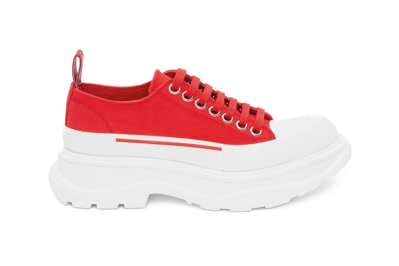 alexander mcqueen spring summer 2020 tread slick sneaker boots release ss20 black white red blue colorway canvas upper rubber sole 