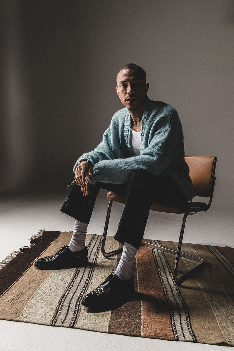 BARE KNUCKLES Collection Four Jacob Keller Cole McBride Lookbook Drop Release Information Closer Look Fashion Menswear Fall Winter 2019 FW19 Staples Outerwear Garments Padded Flannel Jacket Alpaca Knit Cardigan Repaired Overwash Jeans Overwash Raw Edge Flared Trouser Nylon Cargo Pants Crewneck Faded T-Shirt 