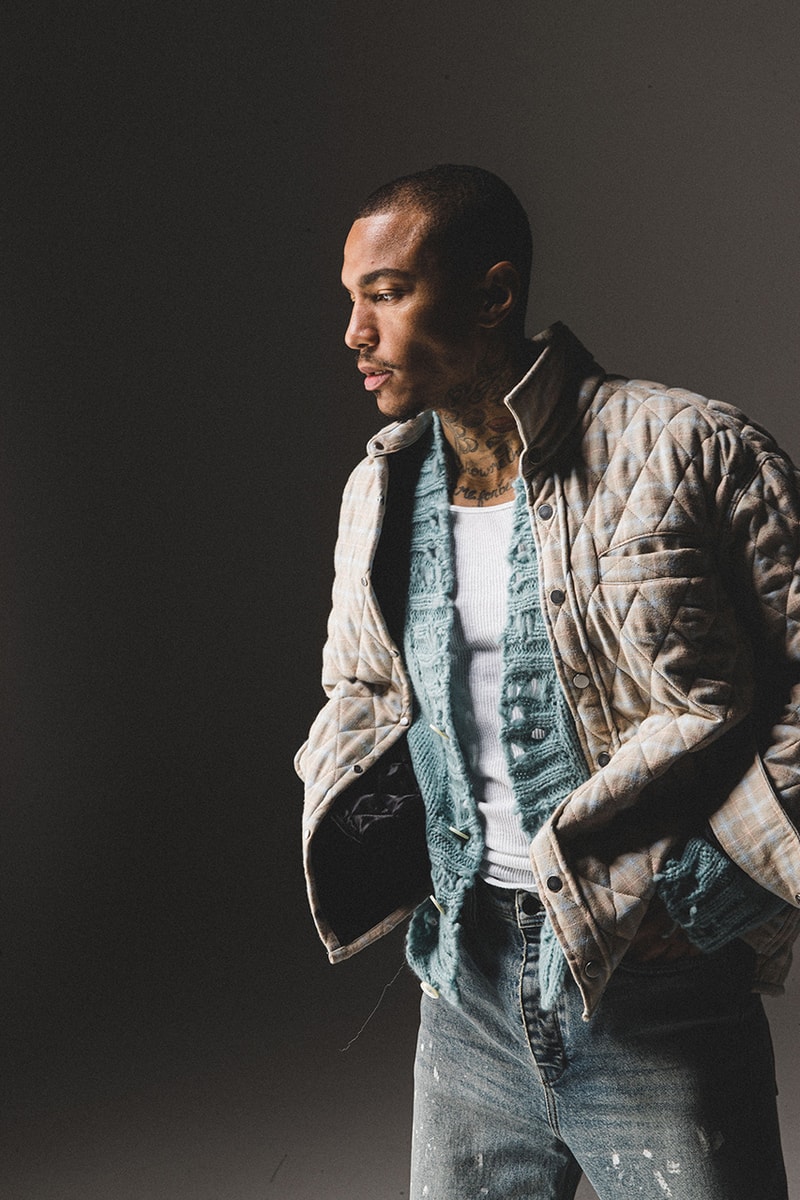 BARE KNUCKLES Collection Four Jacob Keller Cole McBride Lookbook Drop Release Information Closer Look Fashion Menswear Fall Winter 2019 FW19 Staples Outerwear Garments Padded Flannel Jacket Alpaca Knit Cardigan Repaired Overwash Jeans Overwash Raw Edge Flared Trouser Nylon Cargo Pants Crewneck Faded T-Shirt 