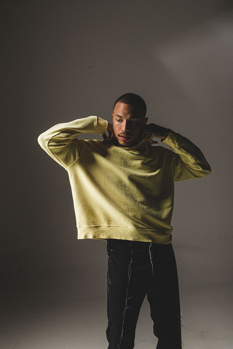 BARE KNUCKLES Collection Four Jacob Keller Cole McBride Lookbook Drop Release Information Closer Look Fashion Menswear Fall Winter 2019 FW19 Staples Outerwear Garments Padded Flannel Jacket Alpaca Knit Cardigan Repaired Overwash Jeans Overwash Raw Edge Flared Trouser Nylon Cargo Pants Crewneck Faded T-Shirt 