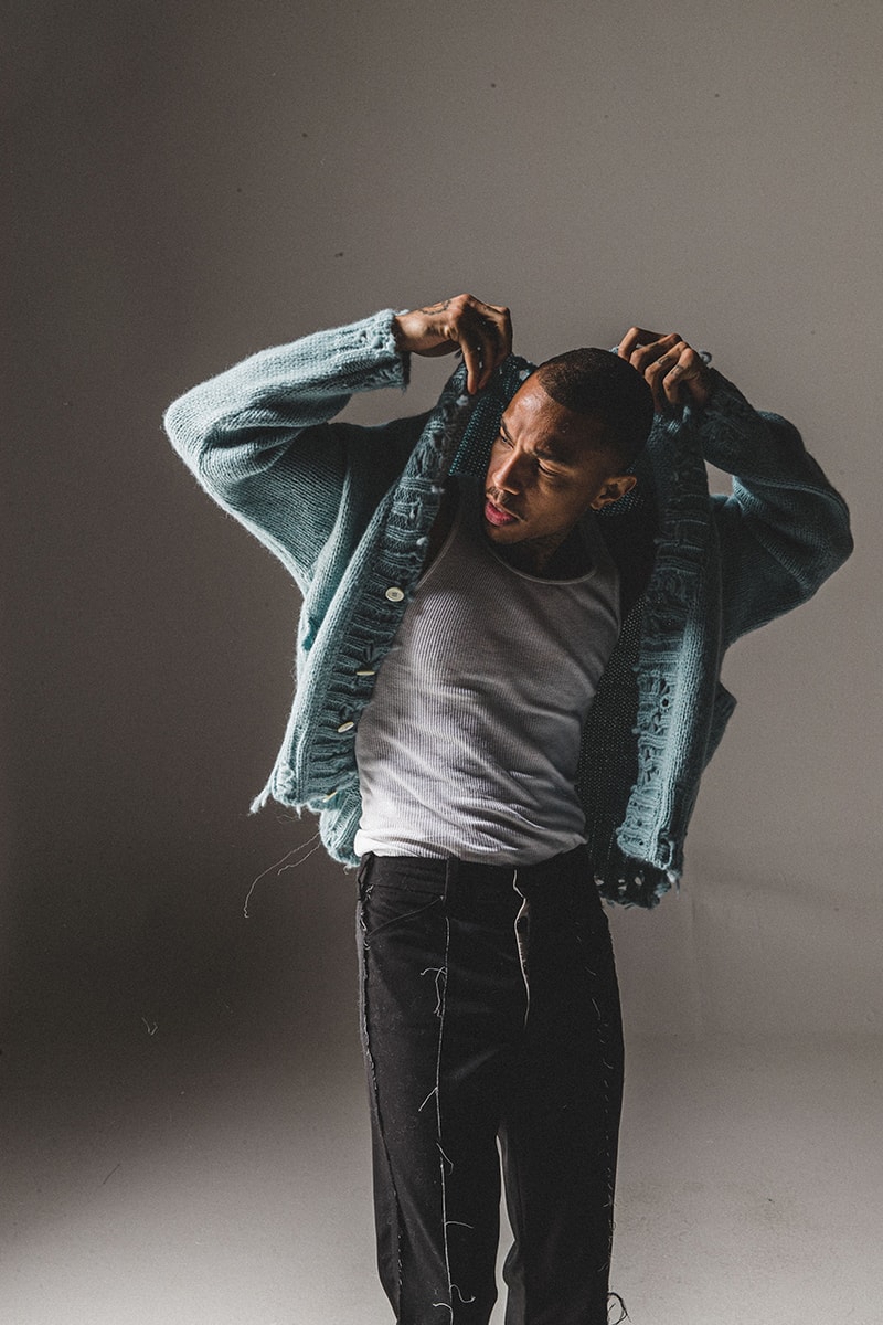 BARE KNUCKLES Collection Four Jacob Keller Cole McBride Lookbook Drop Release Information Closer Look Fashion Menswear Fall Winter 2019 FW19 Staples Outerwear Garments Padded Flannel Jacket Alpaca Knit Cardigan Repaired Overwash Jeans Overwash Raw Edge Flared Trouser Nylon Cargo Pants Crewneck Faded T-Shirt 