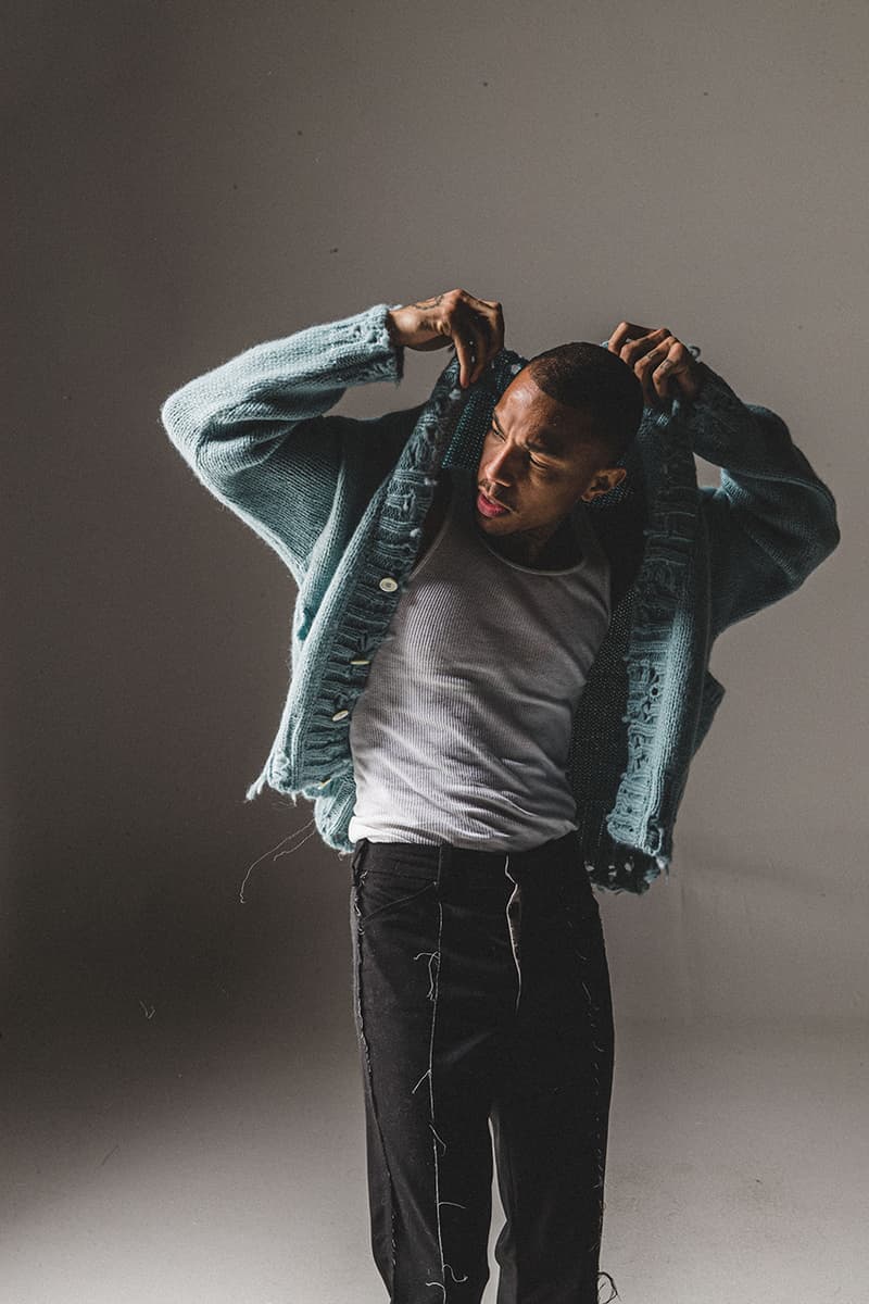 BARE KNUCKLES Collection Four Jacob Keller Cole McBride Lookbook Drop Release Information Closer Look Fashion Menswear Fall Winter 2019 FW19 Staples Outerwear Garments Padded Flannel Jacket Alpaca Knit Cardigan Repaired Overwash Jeans Overwash Raw Edge Flared Trouser Nylon Cargo Pants Crewneck Faded T-Shirt