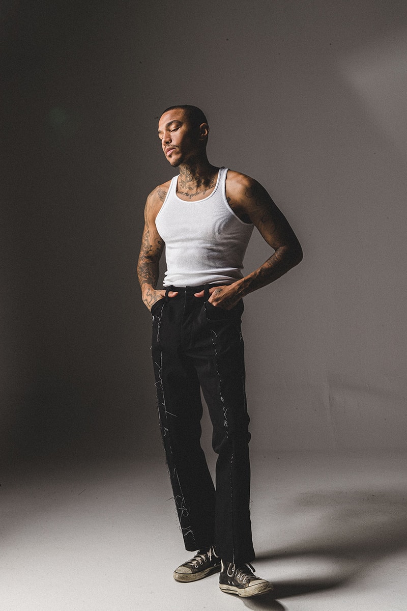 BARE KNUCKLES Collection Four Jacob Keller Cole McBride Lookbook Drop Release Information Closer Look Fashion Menswear Fall Winter 2019 FW19 Staples Outerwear Garments Padded Flannel Jacket Alpaca Knit Cardigan Repaired Overwash Jeans Overwash Raw Edge Flared Trouser Nylon Cargo Pants Crewneck Faded T-Shirt 