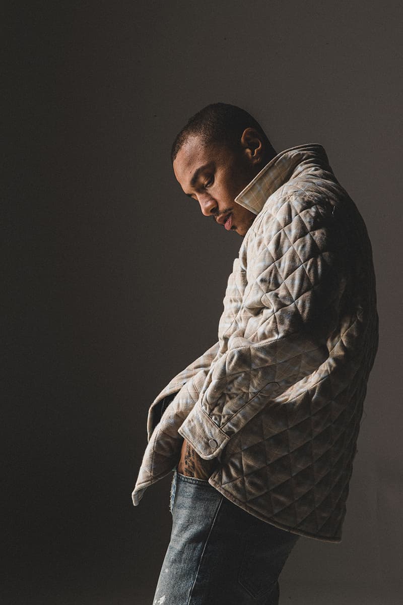 BARE KNUCKLES Collection Four Jacob Keller Cole McBride Lookbook Drop Release Information Closer Look Fashion Menswear Fall Winter 2019 FW19 Staples Outerwear Garments Padded Flannel Jacket Alpaca Knit Cardigan Repaired Overwash Jeans Overwash Raw Edge Flared Trouser Nylon Cargo Pants Crewneck Faded T-Shirt
