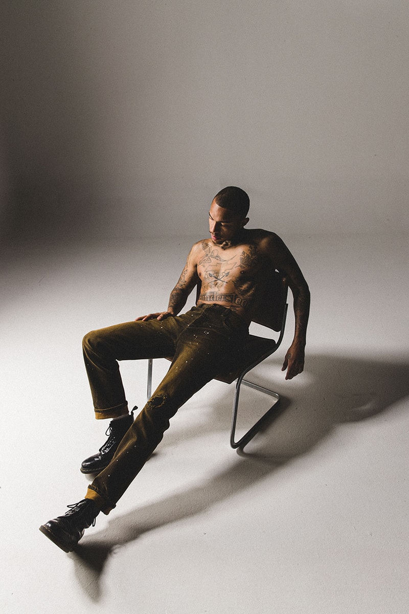 BARE KNUCKLES Collection Four Jacob Keller Cole McBride Lookbook Drop Release Information Closer Look Fashion Menswear Fall Winter 2019 FW19 Staples Outerwear Garments Padded Flannel Jacket Alpaca Knit Cardigan Repaired Overwash Jeans Overwash Raw Edge Flared Trouser Nylon Cargo Pants Crewneck Faded T-Shirt 