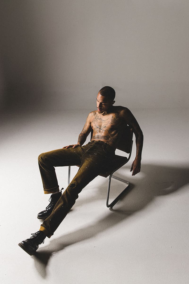 BARE KNUCKLES Collection Four Jacob Keller Cole McBride Lookbook Drop Release Information Closer Look Fashion Menswear Fall Winter 2019 FW19 Staples Outerwear Garments Padded Flannel Jacket Alpaca Knit Cardigan Repaired Overwash Jeans Overwash Raw Edge Flared Trouser Nylon Cargo Pants Crewneck Faded T-Shirt