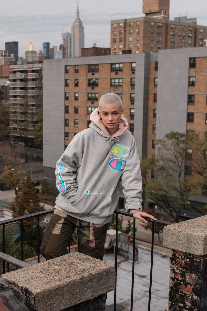 Champion Cyber Monday Capsule Collection Amazon Reverse Weave Crew 100 year anniversary on-trend prints heavily branded crewnecks/hoodies new innovative design styles tech-forward garments high-vis coloring ombre hued color options crewnecks sweatshirts hoodies