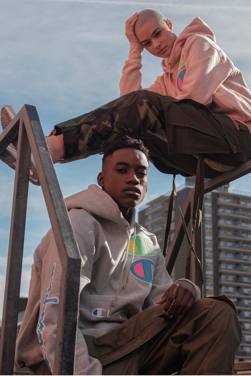 Champion Cyber Monday Capsule Collection Amazon Reverse Weave Crew 100 year anniversary on-trend prints heavily branded crewnecks/hoodies new innovative design styles tech-forward garments high-vis coloring ombre hued color options crewnecks sweatshirts hoodies