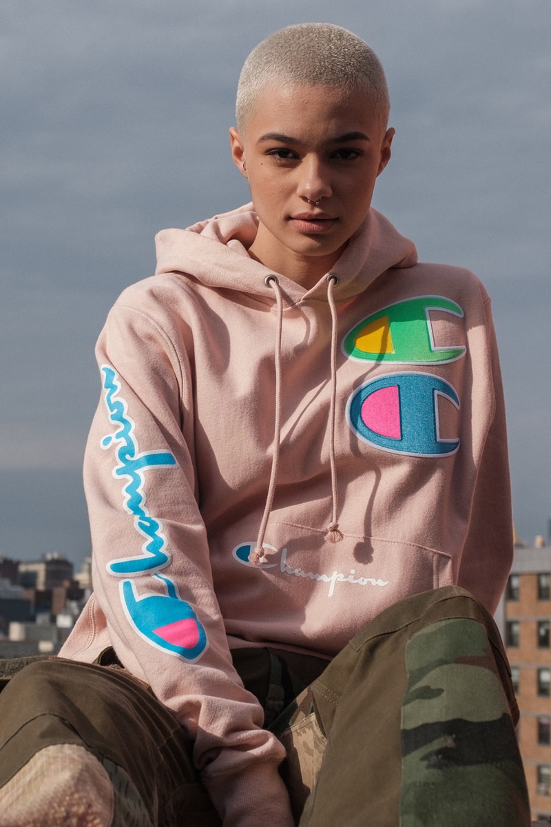 Champion Cyber Monday Capsule Collection Amazon Reverse Weave Crew 100 year anniversary on-trend prints heavily branded crewnecks/hoodies new innovative design styles tech-forward garments high-vis coloring ombre hued color options crewnecks sweatshirts hoodies