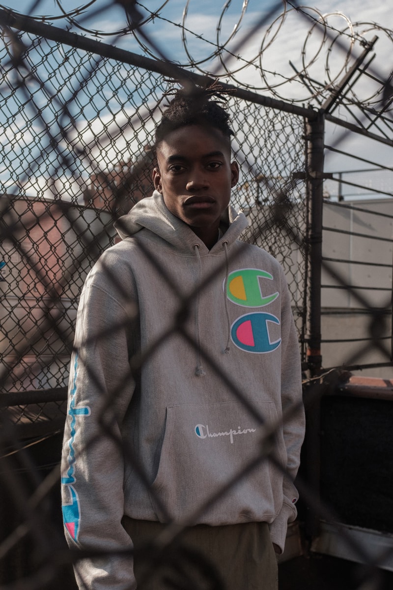 Champion Cyber Monday Capsule Collection Amazon Reverse Weave Crew 100 year anniversary on-trend prints heavily branded crewnecks/hoodies new innovative design styles tech-forward garments high-vis coloring ombre hued color options crewnecks sweatshirts hoodies
