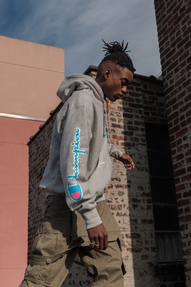 Champion Cyber Monday Capsule Collection Amazon Reverse Weave Crew 100 year anniversary on-trend prints heavily branded crewnecks/hoodies new innovative design styles tech-forward garments high-vis coloring ombre hued color options crewnecks sweatshirts hoodies