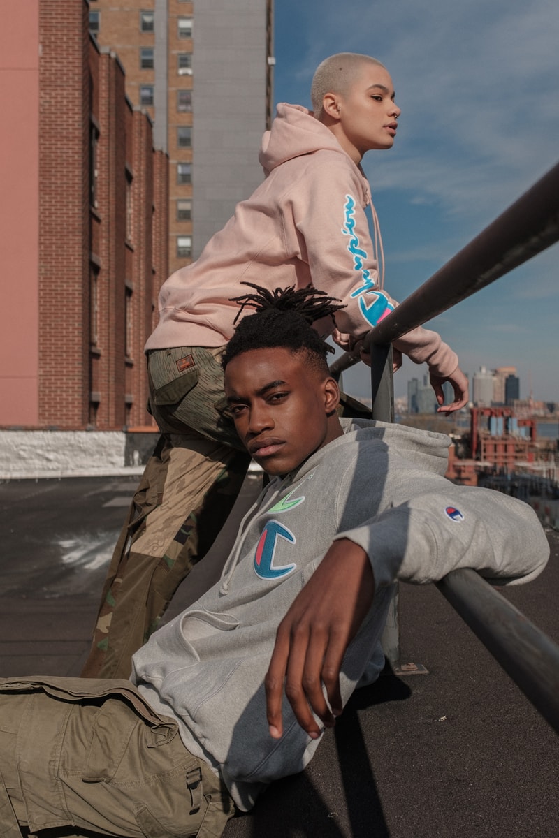 Champion Cyber Monday Capsule Collection Amazon Reverse Weave Crew 100 year anniversary on-trend prints heavily branded crewnecks/hoodies new innovative design styles tech-forward garments high-vis coloring ombre hued color options crewnecks sweatshirts hoodies