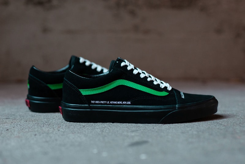 coutie vans old skool nightmare society sneakers collaboration release november 2019 black suede upper green sidestripe snake logo print 