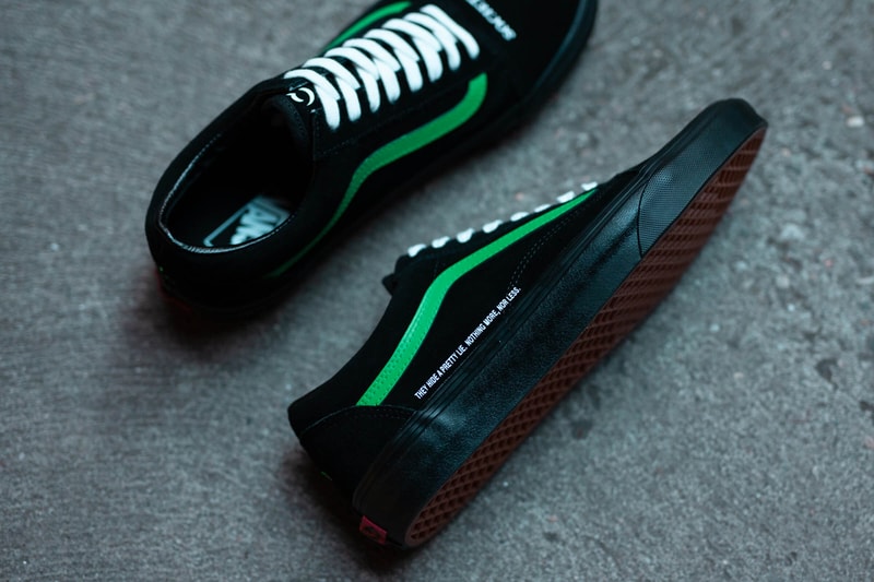 coutie vans old skool nightmare society sneakers collaboration release november 2019 black suede upper green sidestripe snake logo print 
