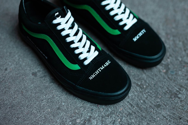 coutie vans old skool nightmare society sneakers collaboration release november 2019 black suede upper green sidestripe snake logo print 
