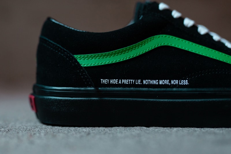 coutie vans old skool nightmare society sneakers collaboration release november 2019 black suede upper green sidestripe snake logo print 