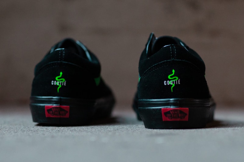 coutie vans old skool nightmare society sneakers collaboration release november 2019 black suede upper green sidestripe snake logo print 