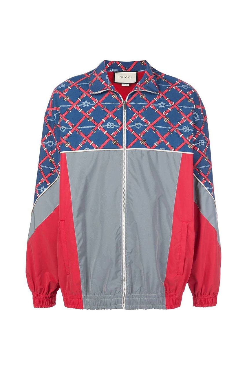 Gucci Graphic-Print Sports Jacket Love Windbreaker Hearts Belts Chains Knots Stars Blue Red Grey Alessandro Michele Fall Winter 2019 FW19 Coats Outerwear The Webster