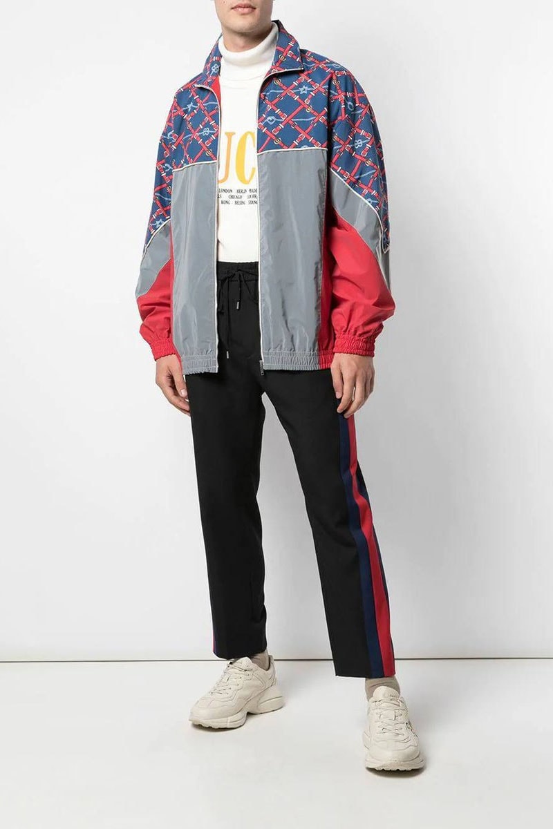 Gucci Graphic-Print Sports Jacket Love Windbreaker Hearts Belts Chains Knots Stars Blue Red Grey Alessandro Michele Fall Winter 2019 FW19 Coats Outerwear The Webster
