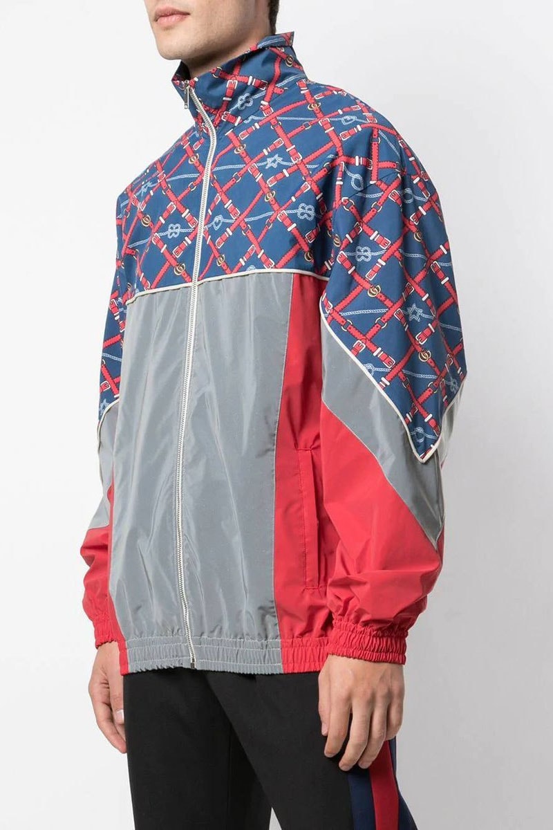 Gucci Graphic-Print Sports Jacket Love Windbreaker Hearts Belts Chains Knots Stars Blue Red Grey Alessandro Michele Fall Winter 2019 FW19 Coats Outerwear The Webster