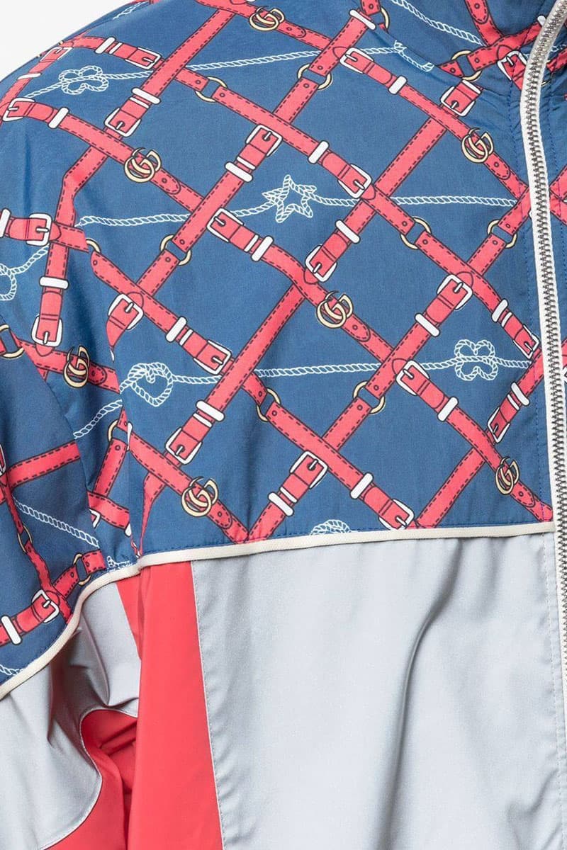 Gucci Graphic-Print Sports Jacket Love Windbreaker Hearts Belts Chains Knots Stars Blue Red Grey Alessandro Michele Fall Winter 2019 FW19 Coats Outerwear The Webster