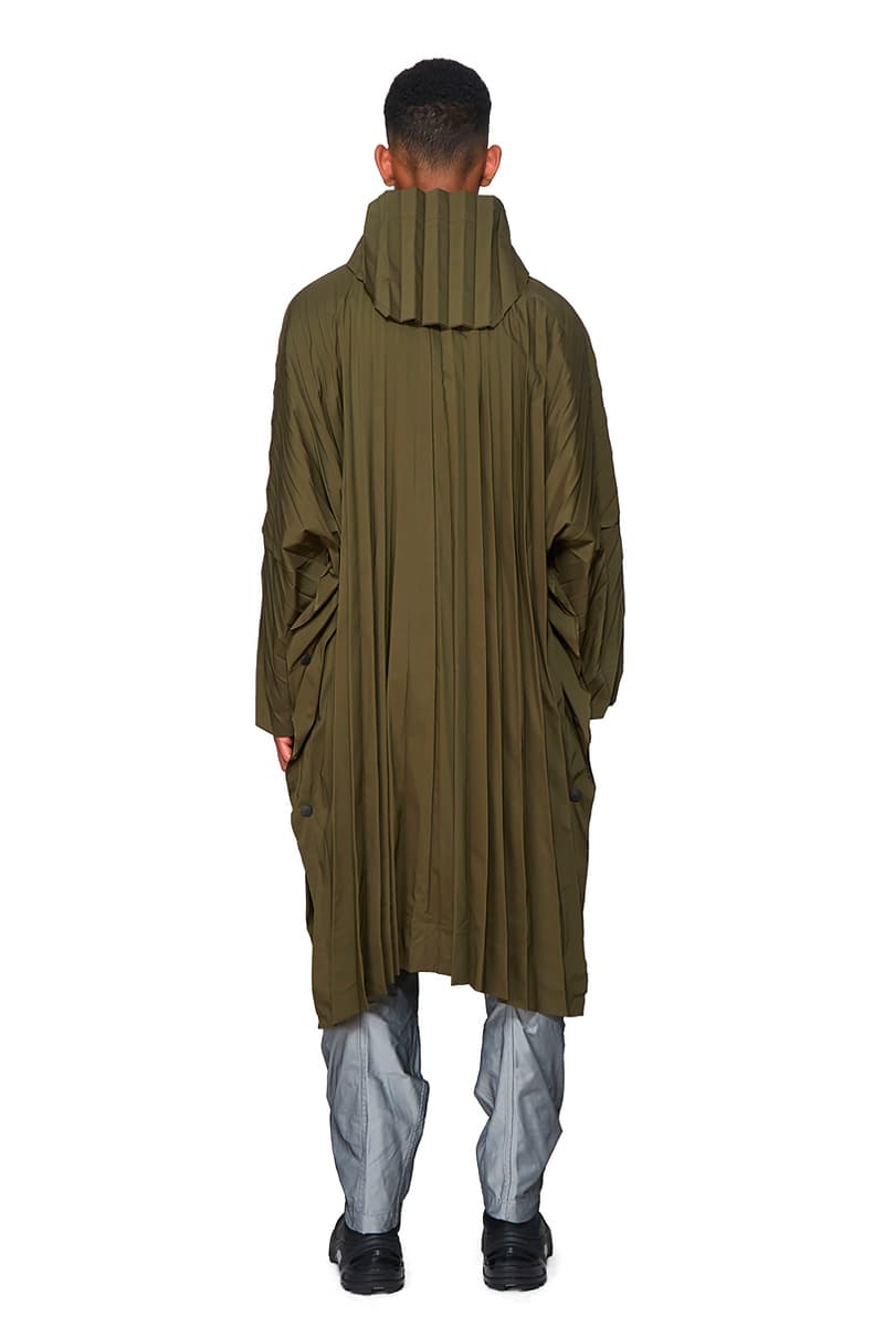 HOMME PLISSE ISSEY MIYAKE Olive Pleated Coat hood outerwear jackets japanese polyester water resistant designer fall winter 2019 parka pleats functional