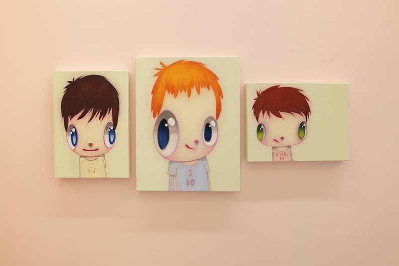Javier Calleja "I did, I do, I will do" Exhibit Hong Kong AISHONANZUKA Gallery Sculptures Wooden Big Eyes Paintings Drawings Children Cat Books