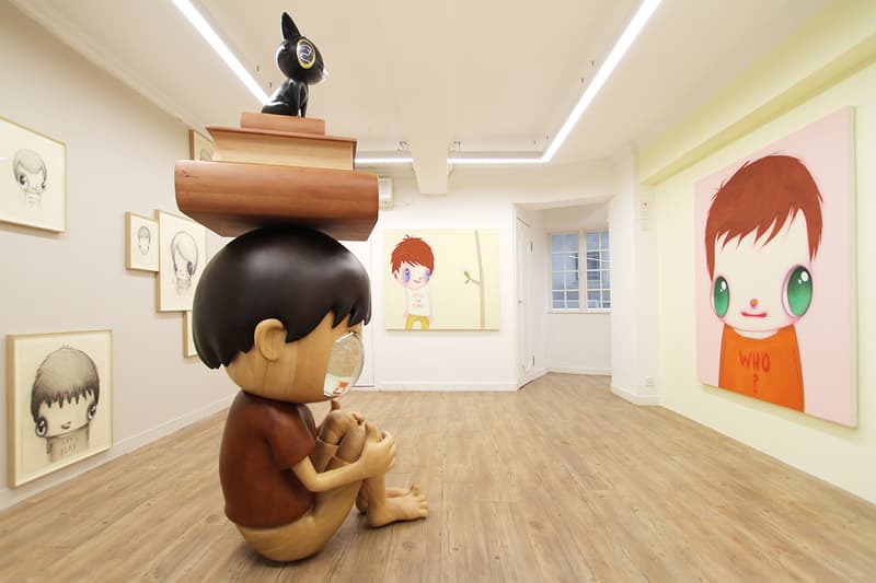 Javier Calleja "I did, I do, I will do" Exhibit Hong Kong AISHONANZUKA Gallery Sculptures Wooden Big Eyes Paintings Drawings Children Cat Books