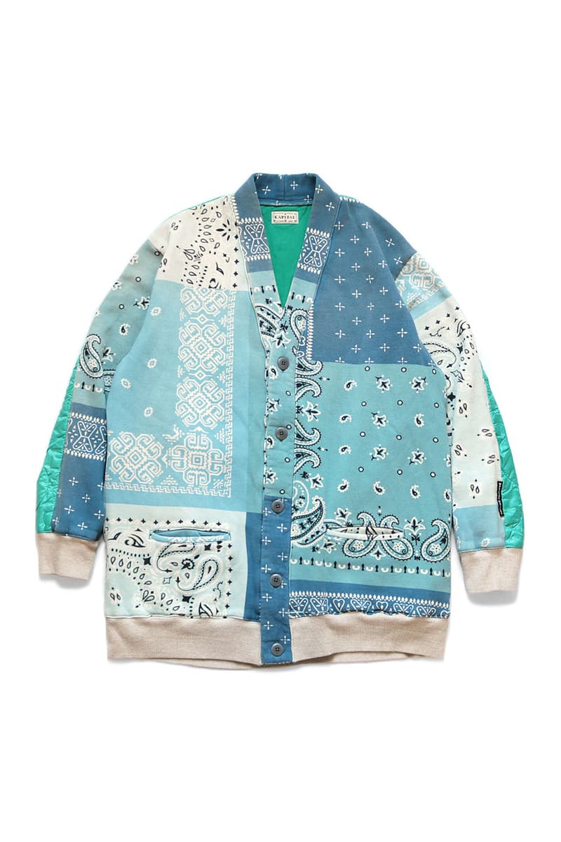 KAPITAL Quilted Bandana Bivouac Cardigan blue black teal purple light nylon back paisley bandana kountry sweaters cardigans japanese streetwear deconstructed patchwork upcycled drop release info price details