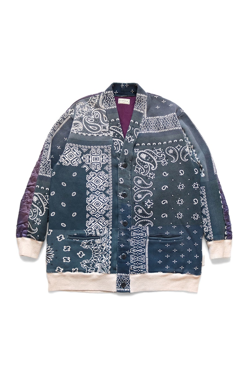 KAPITAL Quilted Bandana Bivouac Cardigan blue black teal purple light nylon back paisley bandana kountry sweaters cardigans japanese streetwear deconstructed patchwork upcycled drop release info price details 