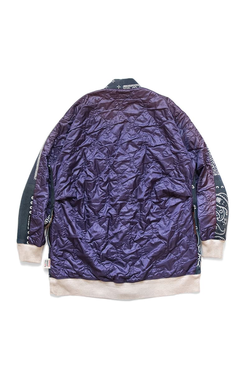 KAPITAL Quilted Bandana Bivouac Cardigan blue black teal purple light nylon back paisley bandana kountry sweaters cardigans japanese streetwear deconstructed patchwork upcycled drop release info price details