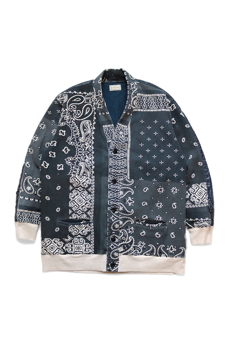KAPITAL Quilted Bandana Bivouac Cardigan blue black teal purple light nylon back paisley bandana kountry sweaters cardigans japanese streetwear deconstructed patchwork upcycled drop release info price details 