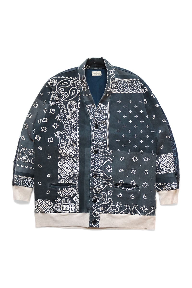 KAPITAL Quilted Bandana Bivouac Cardigan blue black teal purple light nylon back paisley bandana kountry sweaters cardigans japanese streetwear deconstructed patchwork upcycled drop release info price details