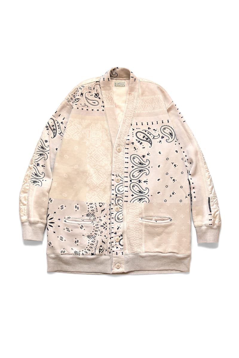 KAPITAL Quilted Bandana Bivouac Cardigan blue black teal purple light nylon back paisley bandana kountry sweaters cardigans japanese streetwear deconstructed patchwork upcycled drop release info price details