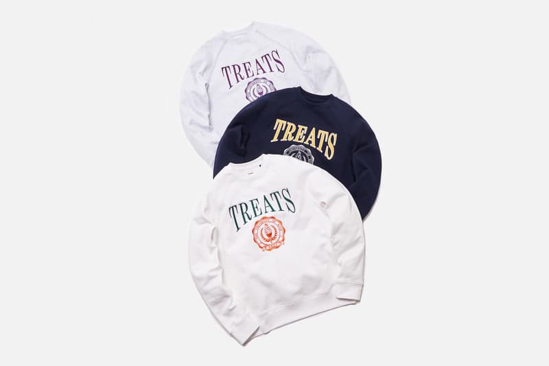 KITH Treats "Treats Collegiate" Collection Release Heavyweight Cotton Crewneck Fleece Sweatshirts White Navy Heather Gray Green Orange Yellow Purple Cereal Box "Cards Against Vanity" Card Game 