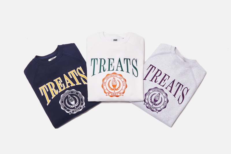 KITH Treats "Treats Collegiate" Collection Release Heavyweight Cotton Crewneck Fleece Sweatshirts White Navy Heather Gray Green Orange Yellow Purple Cereal Box "Cards Against Vanity" Card Game 