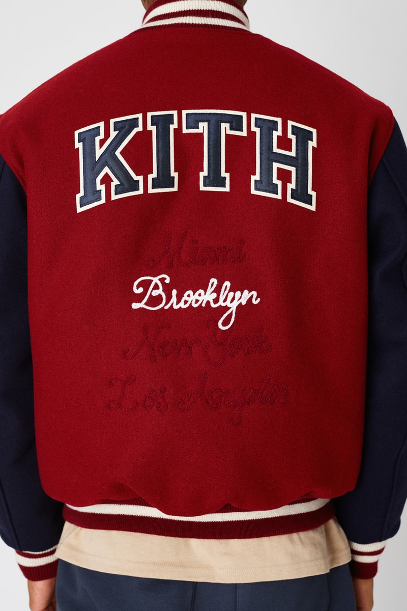 kith vogue russell athletic love thy city collaboration collection release collegiate varsity jacket brooklyn miami soho los angeles flagship stores hoodies crewnecks sweatpants tshirts 