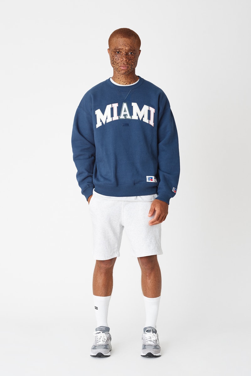 kith vogue russell athletic love thy city collaboration collection release collegiate varsity jacket brooklyn miami soho los angeles flagship stores hoodies crewnecks sweatpants tshirts 